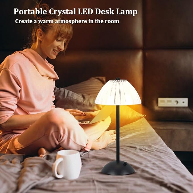 Portable Crystal LED Table Lamp, 3-Levels Brightness Desk Lamp, 3 Color Touch Control Rechargeable Lamp, Night Light, Bedside Lamp,Dining Room Lamp (Black) - LeafyLoom