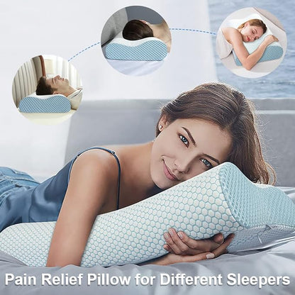 Anvo Memory Foam Pillow, Neck Contour Cervical Orthopedic Pillow for Sleeping Side Back Stomach Sleeper, Ergonomic Bed Pillow for Neck Pain - Blue White, Soft - LeafyLoom