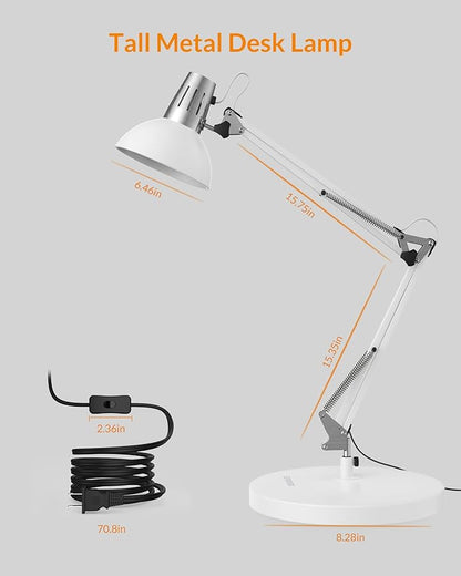 LEPOWER Metal Desk Lamp, Adjustable Goose Neck Architect Table Lamp with On/Off Switch, Swing Arm Desk Lamp with Clamp, Eye-Caring Reading Lamp for Bedroom, Study Room &Office (White) - LeafyLoom