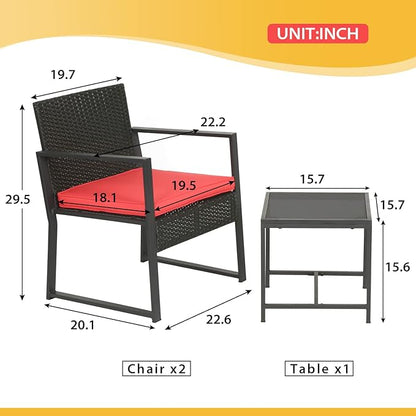 FDW Patio Furniture Sets 3 Piece Outdoor Bistro Set Wicker Patio Chairs Rattan Outdoor Furniture for Backyard Porch Poolside Lawn,Red Cushion - LeafyLoom