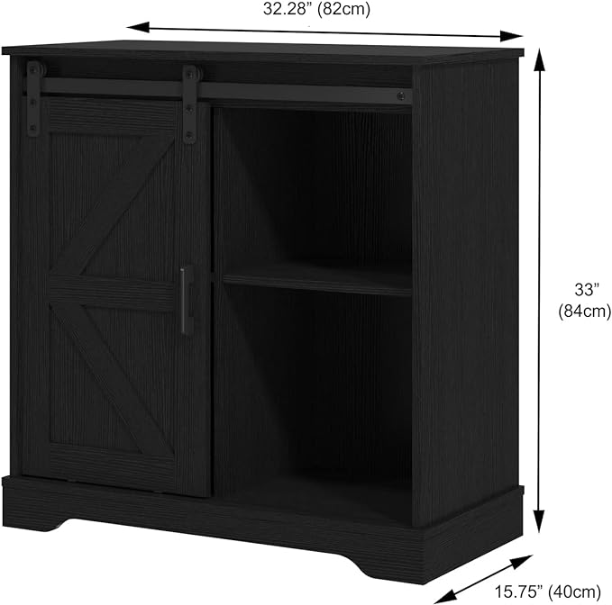 Panana Sliding Barn Door Buffet Sideboard Storage Cabinet Coffee Bar Kitchen Farmhouse Style (Black) - LeafyLoom