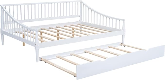 Full Size Daybed with Hideaway Trundle and Support Legs,Multi-Functional Wood Bed Frame,W/Rails Three Sides,Easy to Assemble,for Bedroom,Living Room,Apartment,White - LeafyLoom