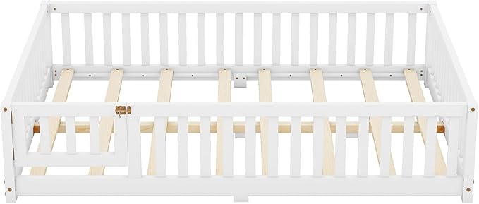 Multifunctional Full Size Floor Bed with Safety Guardrails and Door, Removable Wood Slats, Montessori Beds Frame for Toddlers, Easy Assembly, for Boys and Girls Room, White - LeafyLoom