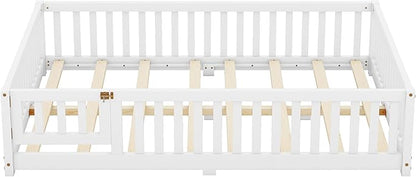 Multifunctional Full Size Floor Bed with Safety Guardrails and Door, Removable Wood Slats, Montessori Beds Frame for Toddlers, Easy Assembly, for Boys and Girls Room, White - LeafyLoom