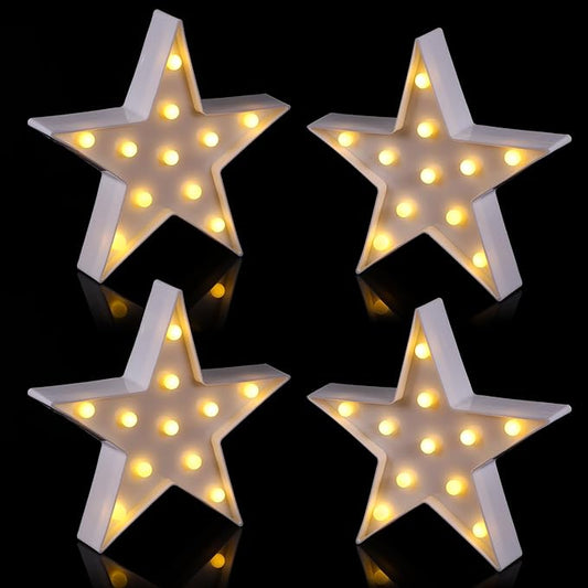 4 Pcs Star Plastic Night Light Battery Operated LED Marquee Star Sign Star Shaped Party Movie Theater Decor Room Wall Lamp for Kids Baby Child Girl Gifts, Birthday Party Christmas Home Bar (White) - LeafyLoom