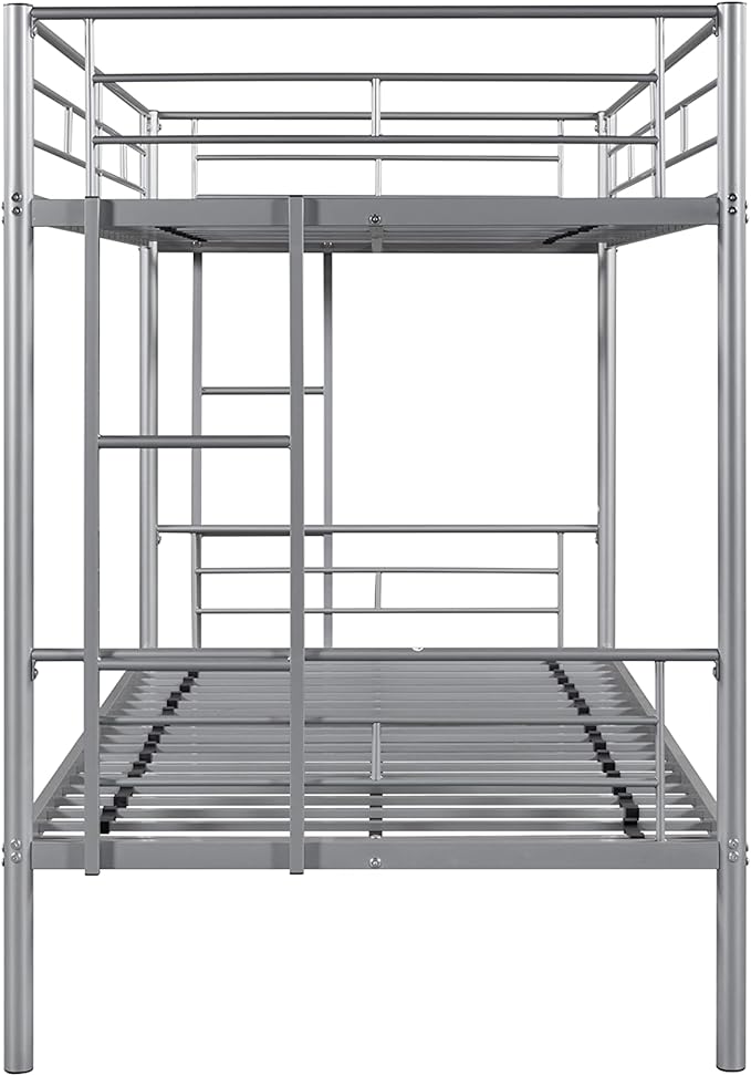 Metal Twin over Twin Bunk Bed,Heavy-duty Sturdy Metal-bed,Noise Reduced Design, 2 Side Ladders, Safety Guardrail,CPC Certified,No Box Spring Needed,Bedroom Furniture,Silver - LeafyLoom