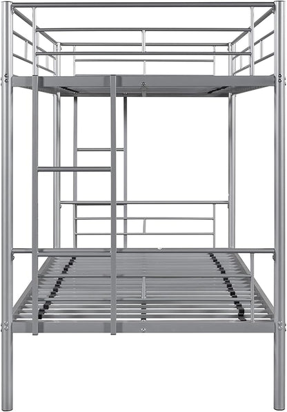 Metal Twin over Twin Bunk Bed,Heavy-duty Sturdy Metal-bed,Noise Reduced Design, 2 Side Ladders, Safety Guardrail,CPC Certified,No Box Spring Needed,Bedroom Furniture,Silver - LeafyLoom