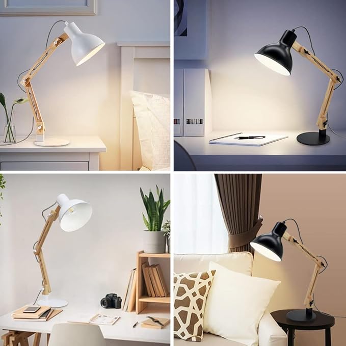 DLLT Swing Arm Desk Lamp, Wood Adjustable Gooseneck Table Lamp, Modern Architect Desk Light, Reading Light for Work, Study, Bedroom, Home Office, College Dorm, Black Metal Shade, E26 Bulb Included - LeafyLoom