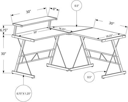 Monarch Specialties L-Shaped Corner Desk with Shelf for Home & Office, 48" L, Cappuccino-Silver Metal Legs, - LeafyLoom