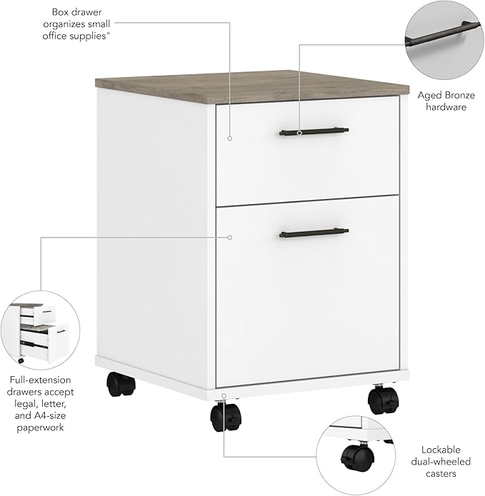 Bush KWF116G2W-03 2-Drawer Mobile File Cabinet Ltr/Lgl Shiplap Gray/Pure White 15.51-Inch - LeafyLoom