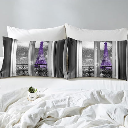 Erosebridal Purple Eiffel Tower Comforter Set Full,vintage France Paris Bedding Set for Girls Teens Women Retro City Building Down Comforter Romantic Rainy Day Quilt Set 2 Pillow Cases Bedroom Decor - LeafyLoom