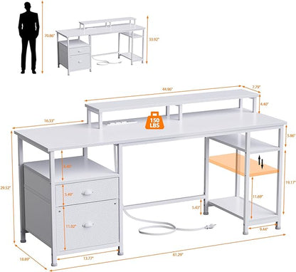 Furologee 61" Desk with LED Light & Power Outlets, Reversible Computer Desk with File Cabinet & Drawer, White Gaming Desk Writing Table with Dual Monitor Stand, for Home/Office/White - LeafyLoom