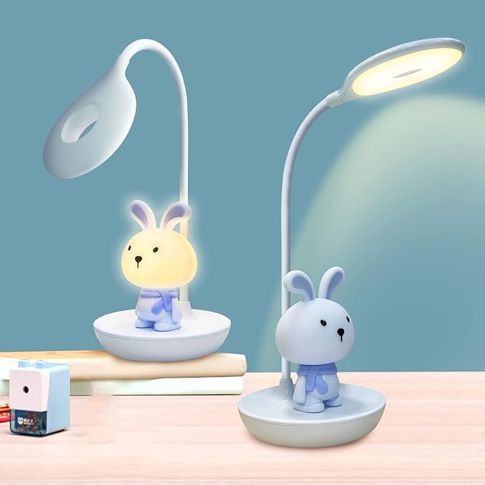 Kids Desk Lamp Pink, Dimming Desk Lamp for Girls with Exclusive Cartoon Look, Cute Night Light for Kids Bedroom, Eye-Caring LED Portable Reading Lamp for Child, Unique Gift (Blue Rabbit) - LeafyLoom