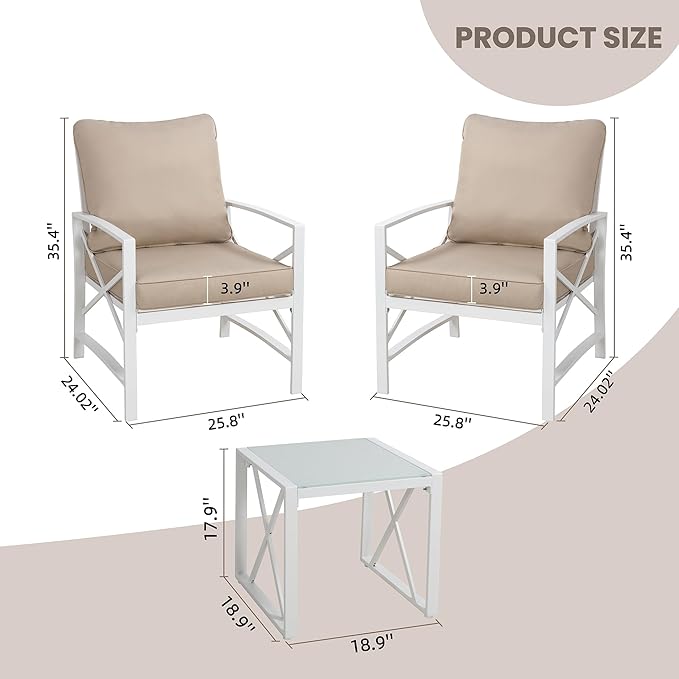 Shintenchi 3 Piece White Metal Outdoor Furniture Sectional Set, Modern Outdoor Metal Chair Conversation Furniture Set with Coffee Table for Patio,Backyard,Balcony (Khaki) - LeafyLoom