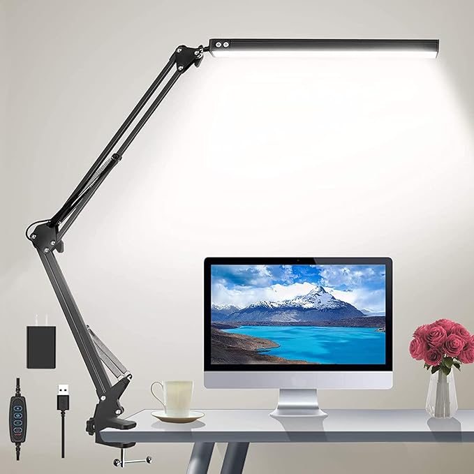 LED Desk Lamp for Home,Office,Reading,Adjustable Eye-Caring Desk Light with Clamp,Swing Arm Lamp Includes 3 Color Modes,10 Brightness Levels Table Lamps with Memory Function - LeafyLoom