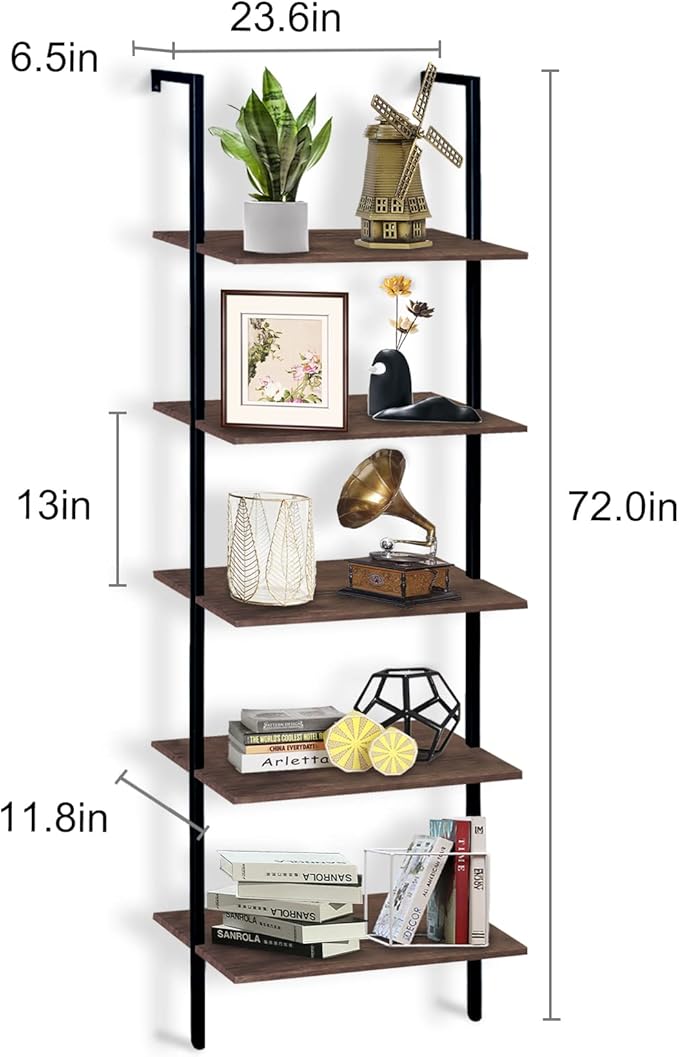 aboxoo Ladder Shelf Open Bookshelf 5-tier Wood Wall-mounted Bookcase Storage Rack Open back Industrial Modern Plant Flower Stand Utility Organizer Bookcase Metal Frame Furniture Office Kitchen Bedroom - LeafyLoom