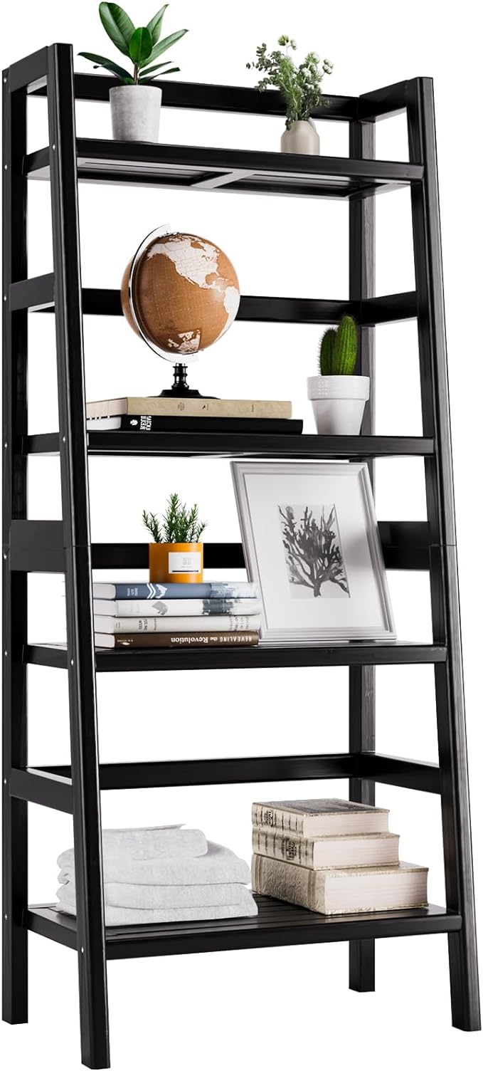 Black Bookshelf, 4-Tier Ladder Shelf, Freestanding Leaning Bookcase with Bamboo Shelves, Space Saving Flower Plant Stand for Small Space - LeafyLoom