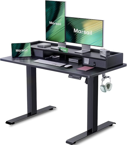 Marsail Electric Standing Desk with Double Drawers, 55x24 Inches Height Adjustable Desk with Storage Shelf,Sit Stand Desk with 4 Memory Preset,2 Hooks, Stand Up Desk for Home Office,Black - LeafyLoom