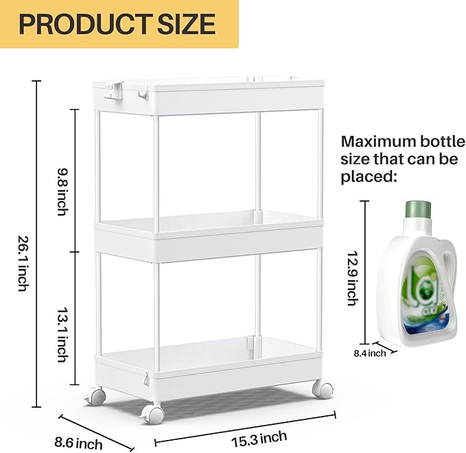 SPACEKEEPER Rolling Storage Cart 3 Tier, Bathroom Cart Organizer Laundry Room Organizer Utility Cart Mobile Shelving Unit Multi-Functional Shelves for Office, Kitchen, Bathroom, White - LeafyLoom