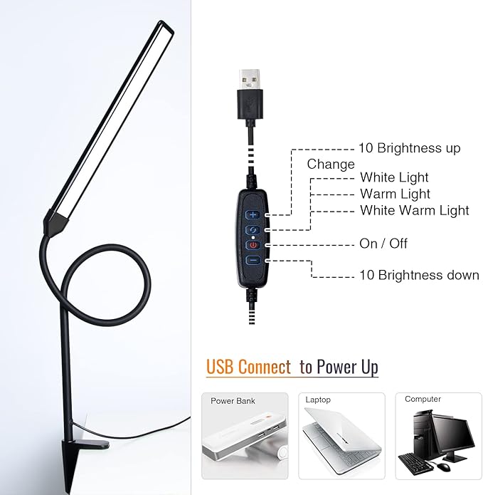 LED Desk Lamp with Clamp, Clamp Light, Tall Desk Lamp with Long Gooseneck, 11W, 850 LMS, 3 Color Modes, 10 Brightness Levels, Eye-Caring, Clip on Desk Light for Reading, Home, Office - LeafyLoom