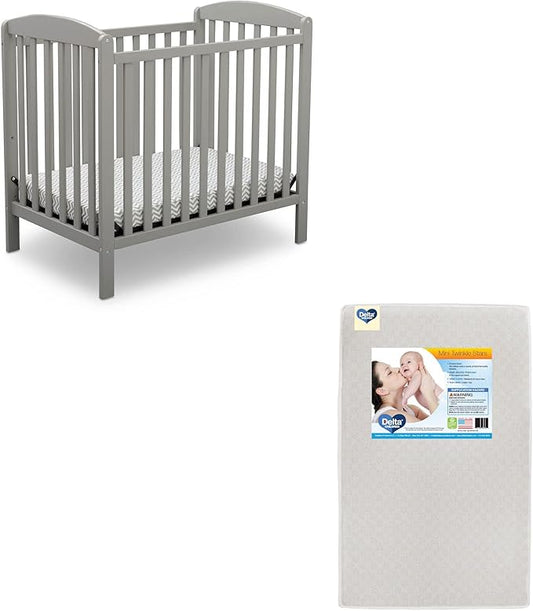 Delta Children Emery Mini Convertible Baby Crib & Twinkle Stars 3-Inch Waterproof Mini Crib Mattress, Grey - LeafyLoom