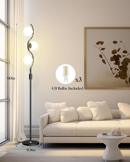 Lightdot 60IN Dimmable (Brightness Adjustable) Black Floor Lamp, Mid Century Standing Lamps with 3 Globe Soft Warm White Eye Care 3000K Bulbs Included, Modern Tall Lamp for Bedroom Office - LeafyLoom