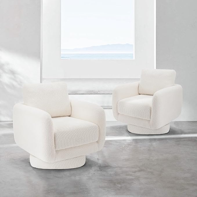 COLAMY Swivel Accent Chairs Set of 2, 32Inches Wide Upholstered Armchair with Plush Back Pillow for Living Room, Modern Sofa Corner Chair for Nursery/Living Room/Bedroom-White - LeafyLoom