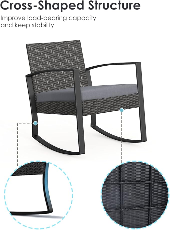 3 Piece Wicker Patio Furniture Set, Outdoor Rocking Chairs, Outdoor Furniture with Table & Cushions, Patio Chairs Balcony Porch Furniture, Gray - LeafyLoom