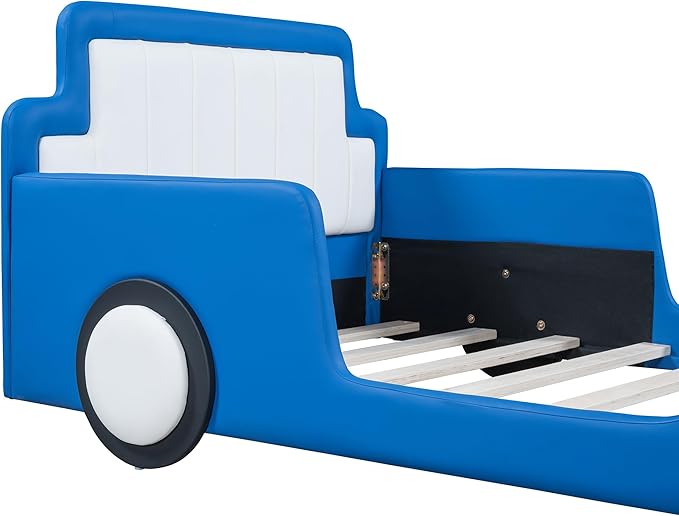 Twin Size Race Car Bed for Kids, PU Car-Shaped Bedframe with Wheels and Side Rails for Boys,Girls, Wood Slat Support, No Box Spring Needed,Blue - LeafyLoom