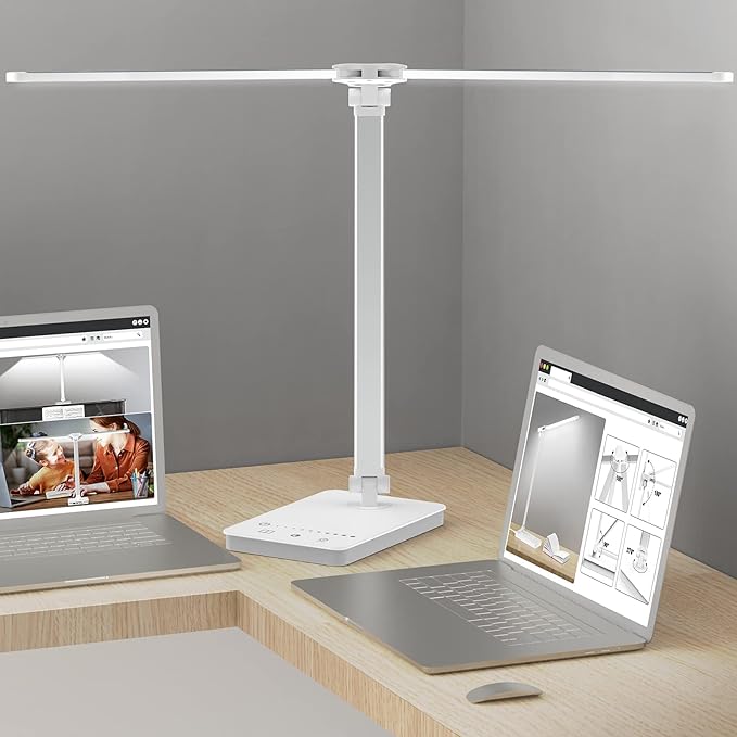 Bright LED Desk Lamp for Home Office - Dual Swing Arm Eye-Caring Architect Task Lamp, Adjustable Foldable Table Lamp, Dimmable Touch Control Desktop Lamp 5 Lighting Modes for Work/Study - LeafyLoom