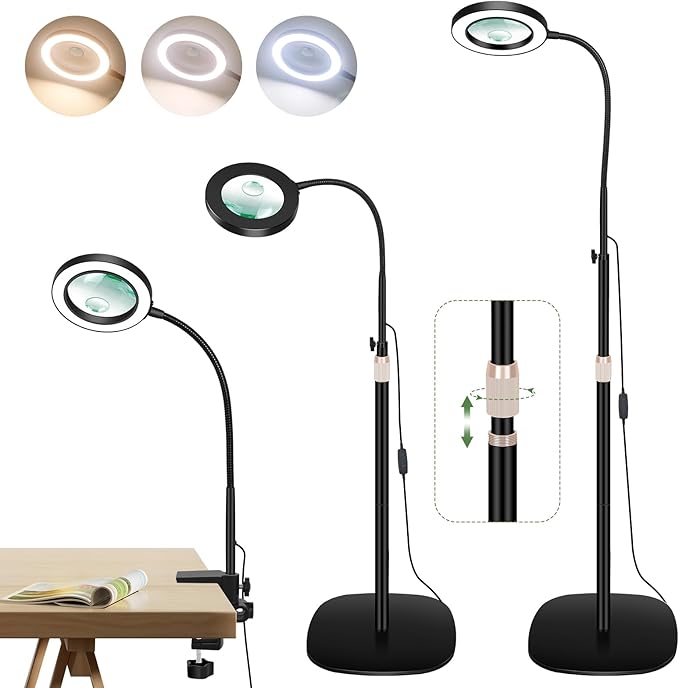 10X&5X Magnifying Glass with Light, 3-in-1 Magnifying Floor Lamp, Flexible Goose Neck, 3 Color Modes 10 Levels Dimmable LED Lighted Magnifier Lamp for Home Office Close Wrok Reading Hands Free - LeafyLoom