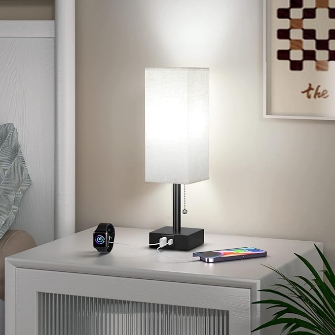 Bedside Table Lamp with 3 Color Temperatures - 3000/4000/5000K Small Lamp with USB C+A Ports, Nightstand Lamp with 3 Color Modes by Pull Chain, Bedroom Lamp for Living Read Work(LED Bulb Included) - LeafyLoom