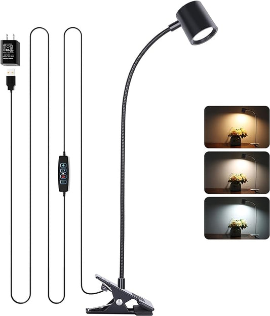 Dott Arts Desk Lamp,USB Clip On Light with 3 Color Modes,LED 10 Levels Brightness Reading Light, 360°Gooseneck Book Light,Eye-Care Reading Lamp for Home Office,Headboards.Adapter included - LeafyLoom