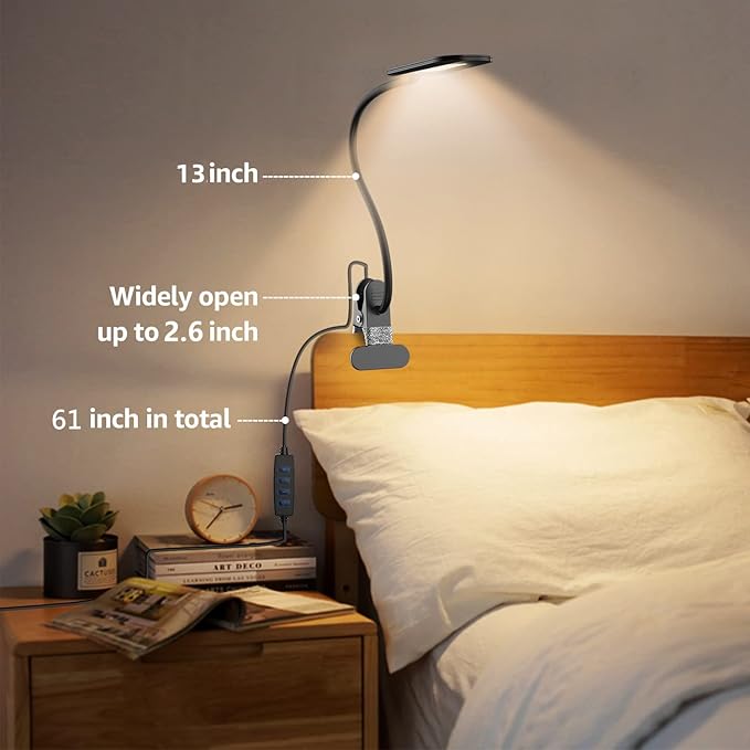 Desk Lamp with Clamp, 8W Clip on Light with 3 Lighting Modes, 10 Brightness Level, Eye-Caring Reading Lamp, Flexible Gooseneck Clamp Lamp, USB Desk Light for Bed Headboard Home - LeafyLoom