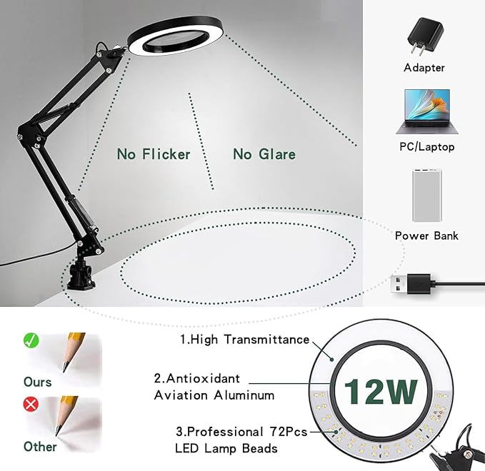 Magnifying Glass with Light and Stand, 10X Magnifying Lamp, 2-in-1 Magnifying Desk Lamp with Clamp, 3 Color Mode, Magnifying Glasses with Light for Close Work (2nd Generation Base ＆ Clamp) - LeafyLoom