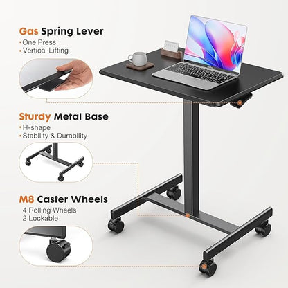 edx Mobile Small Stading Desk - Sit Stand Desk, Portable Rolling Laptop Desk with Lockable Wheels, Computer Workstations, Adjustable Height, Black - LeafyLoom