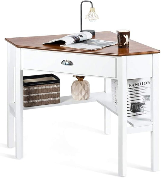 Nightcore Small, Wood Computer Desk, Compact Writing w/Drawer & Storage Shelves, Space Saving Study Workstation, Laptop PC Corner Table, Natural - LeafyLoom