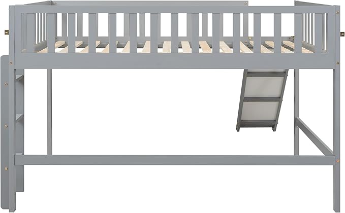 Merax Full Size Wood Low Loft Bed Frame with Slide for Kids Girls Boys,Full Length Guardrails, Gray - LeafyLoom