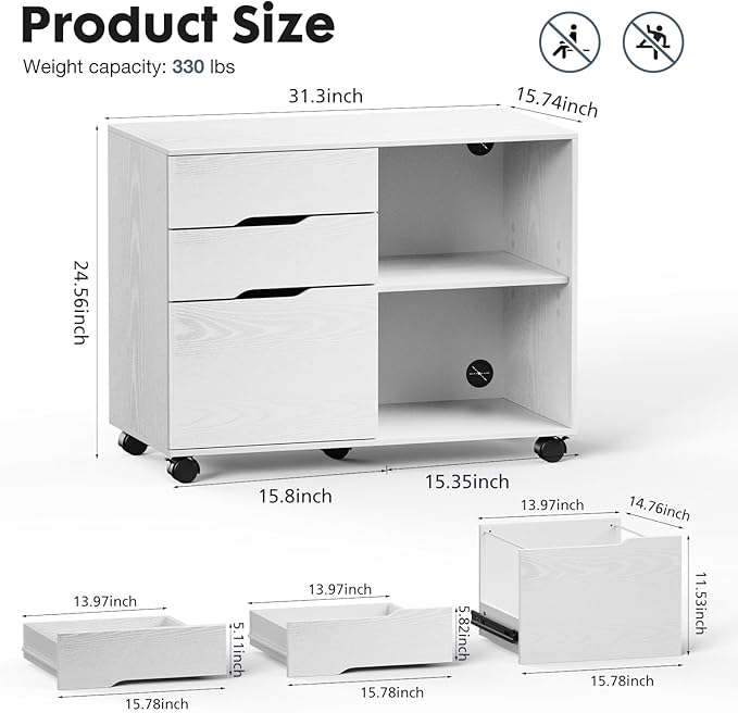 DUMOS Lateral File Cabinet with 3 Drawers Rolling Wooden Printer Stand Under Desk Storage Organizer with 4 Wheels Adjustable Shelf for Office Home, White - LeafyLoom