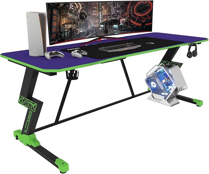 63 Inch Gaming Desk, with Carbon Fiber Surface, Lightning-Shaped PC Computer Table, with Headphone Holder, Cup Holder, Cable Management Box, Gaming Table for Gamer, Purple&Green - LeafyLoom