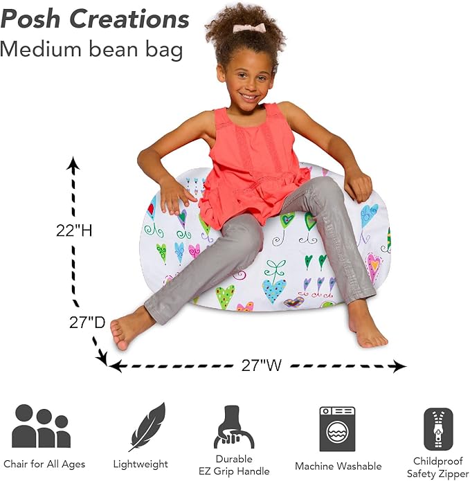 Posh Creations Bean Bag Chair for Kids, Teens, and Adults Includes Removable and Machine Washable Cover, Canvas Multi-Colored Hearts on White, 27in - Medium - LeafyLoom