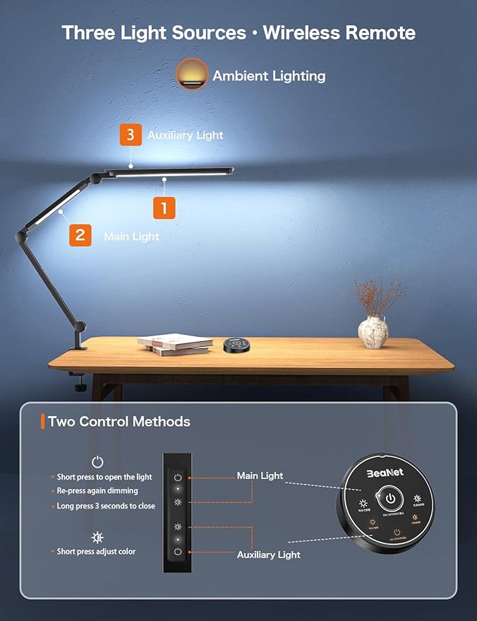 Sky LED Desk Lamp with Remote Control - Three Light Sources・24W・Ajustable Atmosphere Lighting - Flexible Swing Arm, 4 Color Modes & 4 Brightness, Architect Desk Lamp with Clamp for Home Office - LeafyLoom