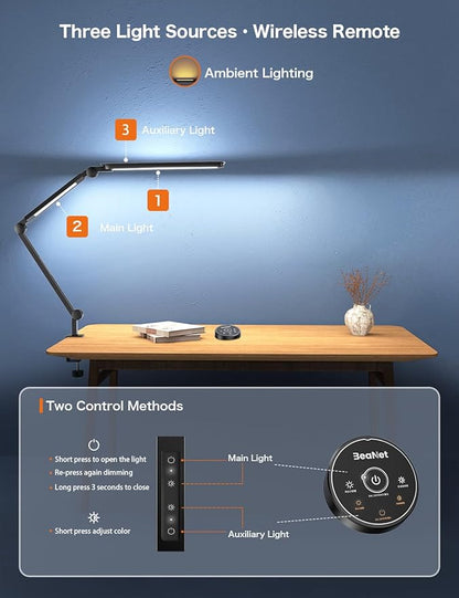 Sky LED Desk Lamp with Remote Control - Three Light Sources・24W・Ajustable Atmosphere Lighting - Flexible Swing Arm, 4 Color Modes & 4 Brightness, Architect Desk Lamp with Clamp for Home Office - LeafyLoom