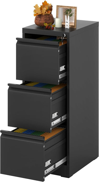 Vertical File Cabinet with Drawers, 3 Drawer File Cabinet for Home Office, Locking File Cabinet Hanging Files for A4/ Legal/Letter, Black - LeafyLoom