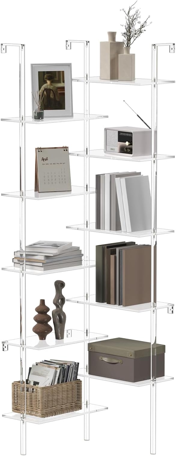 Acrylic Corner Bookshelf, Wall Mounted, 10-Tier L Shaped Bookshelf with Open Shelves, Multipurpose Clear Ladder Bookcase for Living Room, Bathroom, Office, Modern, 73.6" H - LeafyLoom