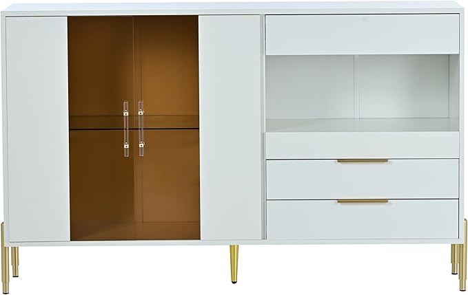 Merax Sideboard Buffet Cabinet with Storage, Light Luxury Style with Acrylic Doors & 3 Drawers, White - LeafyLoom