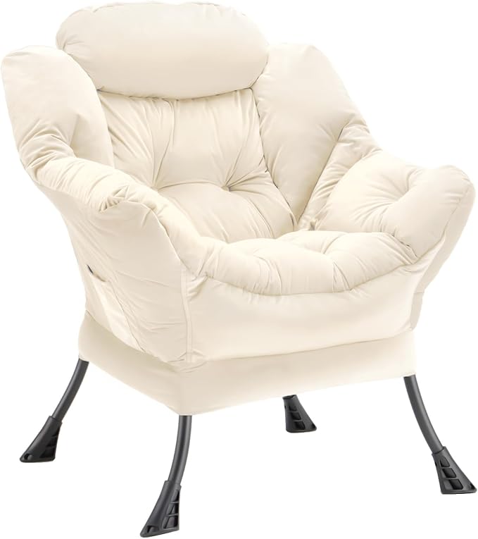 Lazy Chair Thick Padded, Accent Chair Velvet Upholstered with Wide Seat, Stable Metal Frame and Non-Slip Pad, Modern Sofa Armchair with Side Storage Bag for Dorm, Room, Office, Beige - LeafyLoom