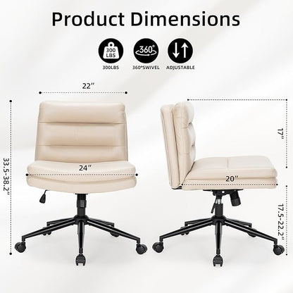 Armless Office Chair with Wheels Wide Desk Chair Leather Mid Back Accent Chair Padded Swivel Vanity Chair for Girl Women Computer Task Chair for Home Office (Suede Fabric, Beige) - LeafyLoom