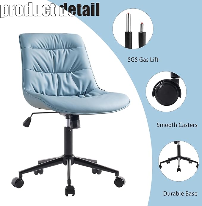 Kidol & Shellder Armless Office Chair Desk Chair Comfy Makeup Vanity Chair with Back Ergonomic Swivel Chair Home Office Desk Chairs with Wheels Rolling Computer Chair Bedroom Accent Chair(Blue) - LeafyLoom