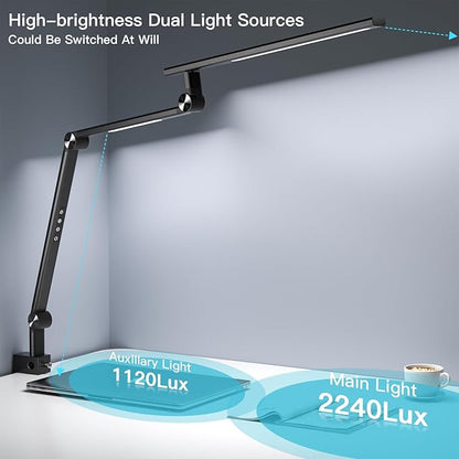 LED Desk Lamp, Desk Light for Home Office, Dual Light Source 18W Brightest, Eye-Caring Optical Lens, Office Lamp, 5 Color Modes & Brightness, Aluminum Alloy Drafting Light, Clamp Lamp, Black - LeafyLoom